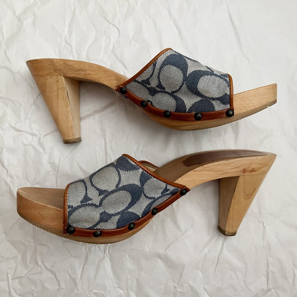 Coach Brenda Logo Wooden Platform Heeled Sandals Sz 7 Blue Made in Italy - Picture 7 of 12